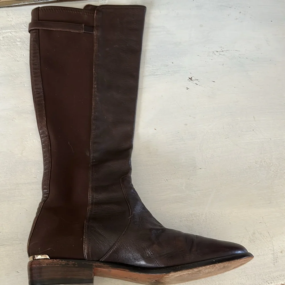Coach Lilac Tall Boots Brown Leather Fabric Stretch Panel Size 10 Buckle Classy - Picture 8 of 16